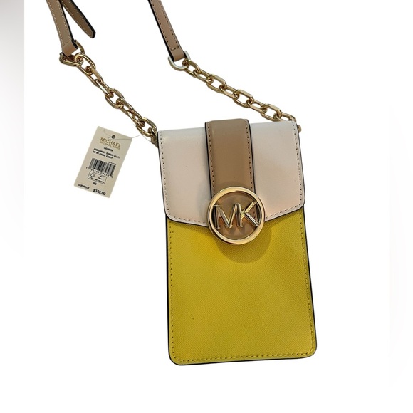 Michael Kors Yellow and Cream Crossbody Bag Carmen Phone Leather NWT - Picture 1 of 6